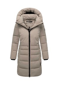 Beige lang polstret vinterjakke med fast hætte og sort frontlynlås, designet til beskyttelse mod kulde.