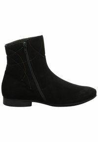 Botas de ante negras hasta el tobillo con cierre de cremallera, que presentan un bordado colorido a lo largo de la parte superior, textura suave y un tacón bajo y ancho.