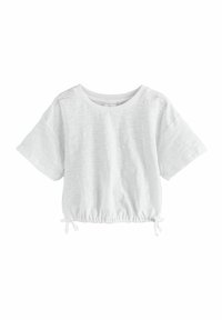 T-shirt blanc court à manches courtes, tissu texturé, col rond et cordon de tirage ajustable à l'ourlet pour un ajustement personnalisable.
