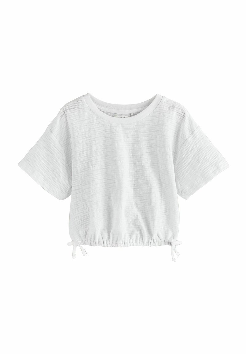 T-shirt blanc court à manches courtes, tissu texturé, col rond et cordon de tirage ajustable à l'ourlet pour un ajustement personnalisable.