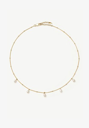 Delicate gold chain necklace with small evenly spaced beads and five hanging white pearls, secured with a lobster clasp and extender chain.