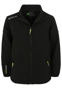 Svart softshell-jacka med hög krage, framdragkedja, två sidofickor och klara gula dragkedjor; har "WHISTLER"-logga.