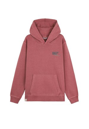 Sudadera con capucha color rosa empolvado, con bolsillo tipo canguro en la parte frontal y pequeño logo de texto "Scalpers" en el pecho izquierdo.
