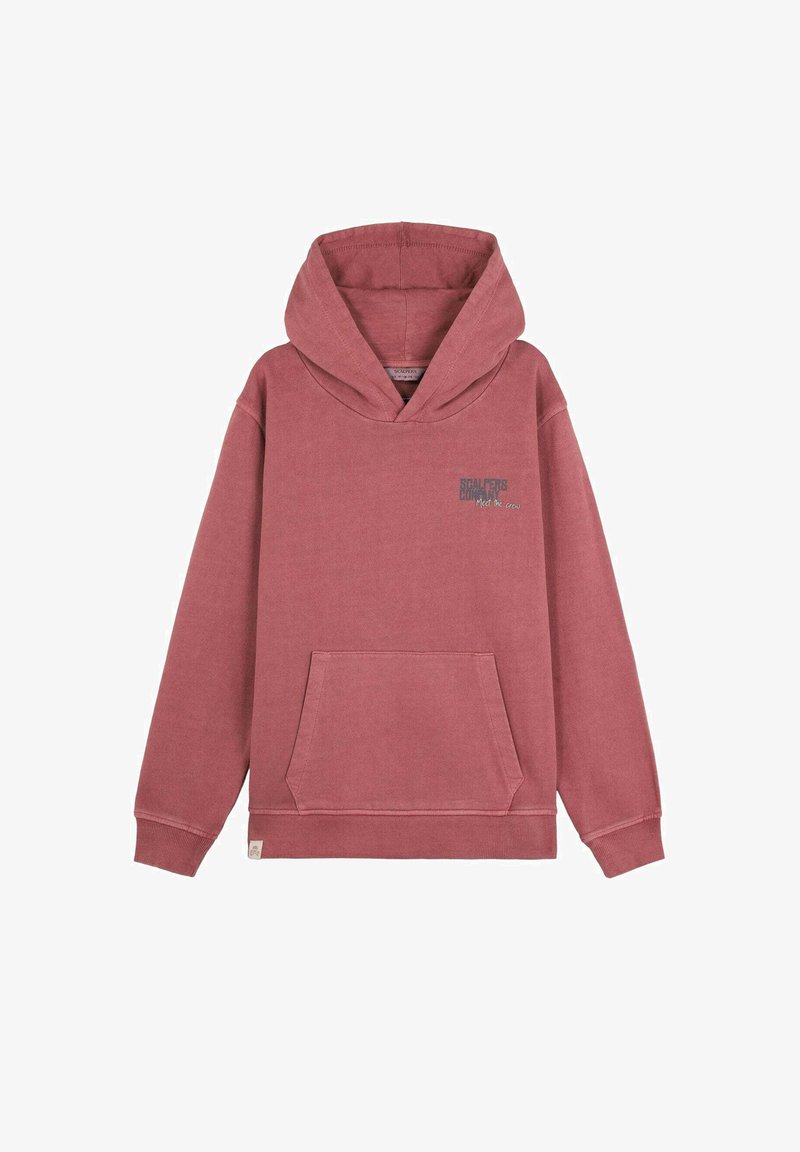 Sudadera con capucha color rosa empolvado, con bolsillo tipo canguro en la parte frontal y pequeño logo de texto "Scalpers" en el pecho izquierdo.