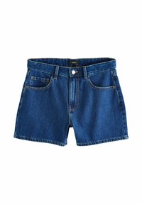 Shorts in denim blu scuro, con vita alta, cinque tasche e chiusura con bottone frontale. Texture liscia con cuciture a contrasto.