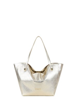 Borsa tote in metallo dorato lucido con due sottili spallacci e logo sottile al centro anteriore.