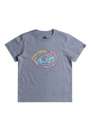 Graues kurzärmliges T-Shirt mit buntem Quiksilver-Logo mit abstrakten geometrischen Mustern und einem Spiralmotiv in der vorderen Mitte.