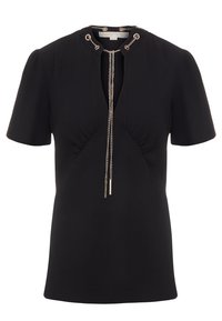 Black short-sleeve top with a round neckline featuring chain details and a deep V-cut. It has gathered waist accents and a smooth texture.