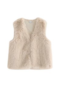 Faux fur mouwloze vest in lichtbeige, met een zachte, gestructureerde oppervlakte en een V-halslijn, zonder sluitingen, ontworpen voor het creëren van lagen.