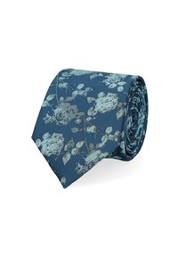 Granatowy krawat w kwiatowy wzór w jasnym odcieniu turkusu, wykonany z tkaniny tkanej. Charakteryzuje się smukłym designem i jest zwinięty do wyeksponowania.