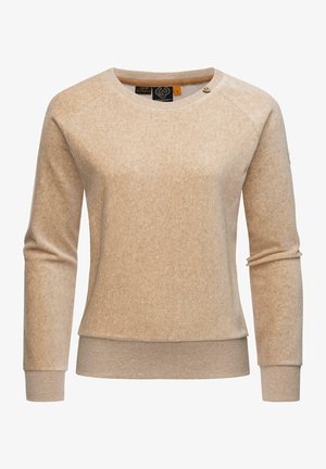 Pulover bej dintr-un material moale, cu guler rotund, mâneci lungi, manșete ribbate și o textură subtilă, accentuată de nasturi.