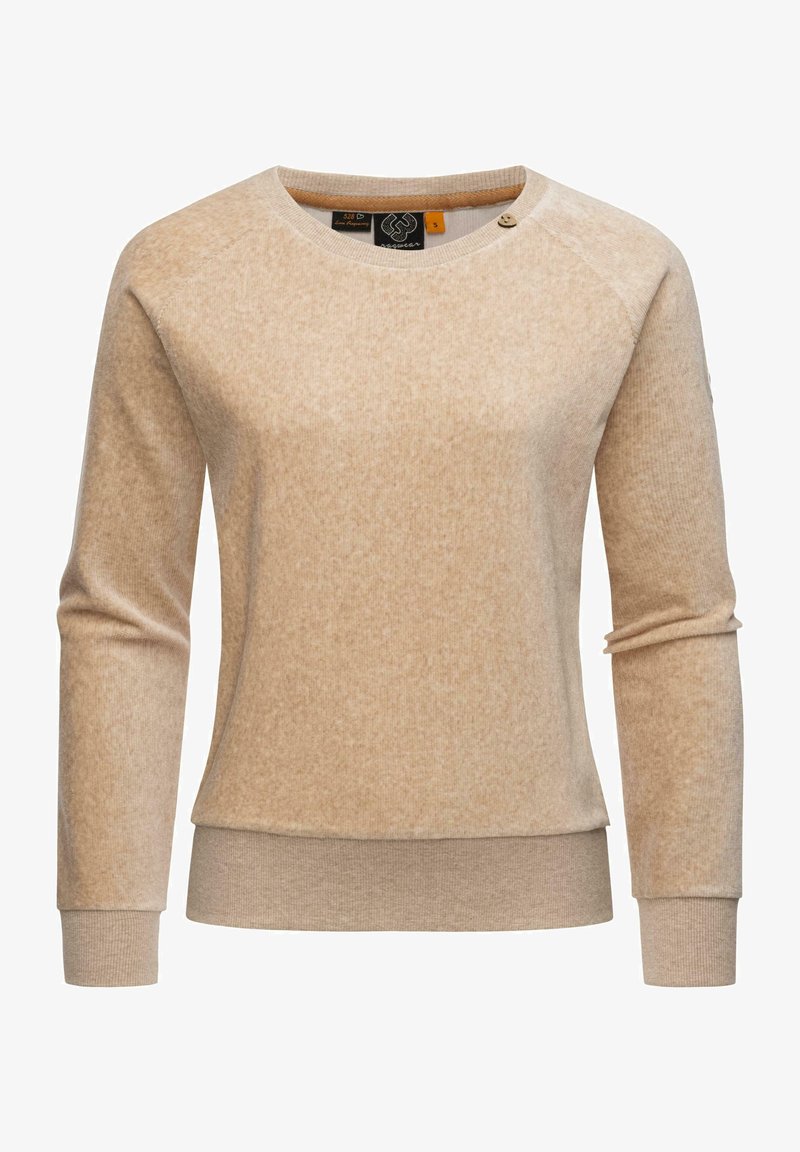 Beige pulóver puha anyagból, kerek nyakkivágással, hosszú ujjal, bordás mandzsettával és finom textúrával, gombos díszítéssel.