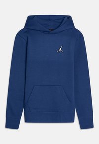 Sweat à capuche bleu avec poche kangourou, doté d'un petit logo Jumpman noir et argent brodé sur la poitrine. Tissu doux, design minimal.