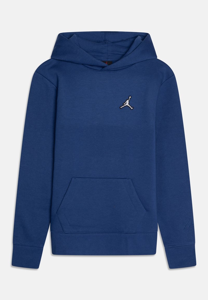 Sweat à capuche bleu avec poche kangourou, doté d'un petit logo Jumpman noir et argent brodé sur la poitrine. Tissu doux, design minimal.