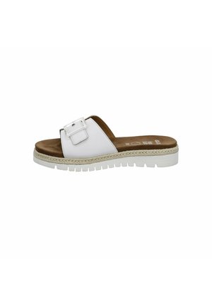 White synthetic slide sandal with a glossy upper, featuring a square buckle detail and a textured brown insole. Jute-style rope midsole.