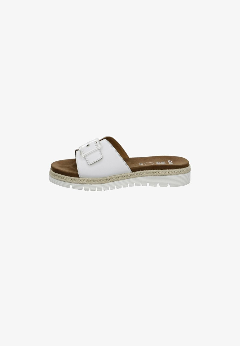 White synthetic slide sandal with a glossy upper, featuring a square buckle detail and a textured brown insole. Jute-style rope midsole.
