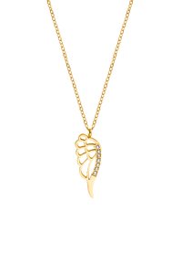 Goldkette mit einem flügelförmigen Anhänger, der ein strukturiertes Design aufweist und auf einer Seite mit klaren Kristallen besetzt ist. Kettengliederstruktur.