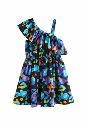 Ärmelloses Mädchenkleid mit einem gerafften, schulterfreien Träger und farbenfrohem abstraktem Muster auf schwarzem Hintergrund.