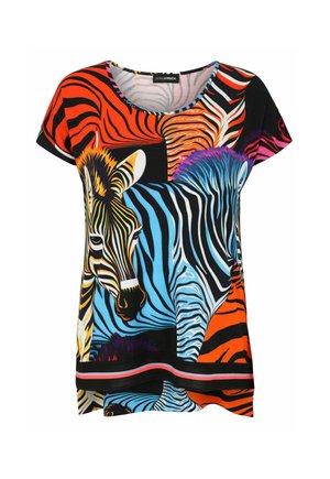 T-shirt with colorful zebra heads in orange, blue, black, and white stripes, featuring short sleeves and a round neckline.