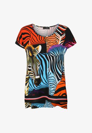 T-shirt with colorful zebra heads in orange, blue, black, and white stripes, featuring short sleeves and a round neckline.