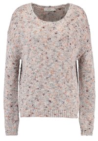 Hellgrauer, gestrickter Pullover mit rundem Ausschnitt. Texturiert mit mehrfarbigen Sprenkeln in Pfirsich- und Burgundertönen. Lange Ärmel und gerippter Saum.