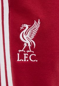 Λευκό κεντημένο πουλί Liver και αρχικά "L.F.C." σε κόκκινο ύφασμα με δύο διπλανές λευκές κάθετες ρίγες.