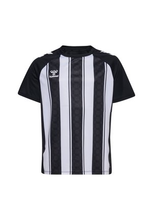 Czarna i biała sportowa koszulka w pionowe paski z krótkim rękawem i logo hummel na lewej piersi.