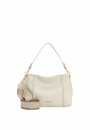 Krémová kožená kabelka s krátkým úchopem a odnímatelným béžovým látkovým ramenním popruhem s geometrickým vzorem a zlatými kovovými prvky.
