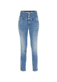 Jeans de cintura alta en azul claro con cierre de cinco botones, bolsillos frontales y un corte ajustado. Presenta un lavado desvanecido y una textura suave.
