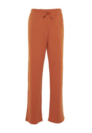 Rustfarbene Sweatpants aus weichem Material. Verfügt über einen elastischen Bund mit verstellbarem Kordelzug, weite Beine und keine sichtbaren Muster.