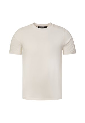 Schlichtes hellbeiges T-Shirt mit kurzen Ärmeln und Rundhalsausschnitt mit einem kleinen sichtbaren schwarzen Etikett am Halsausschnitt.
