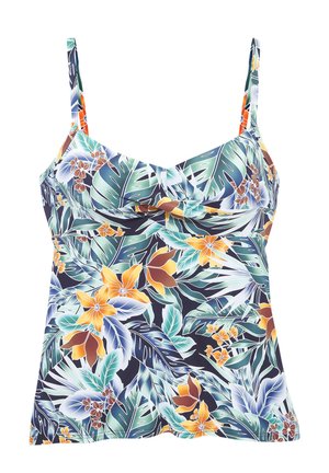 Damens Tanktop mit Blumenmuster und grünen, blauen, orangefarbenen und braunen tropischen Blättern und Blumen, mit dünnen Schulterträgern und gerafftem Brustdetail.