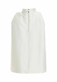 Weißer kniehoher Rock mit hoher Taille und zwei schwarzen Knöpfen an der vorderen Verschlussstelle.