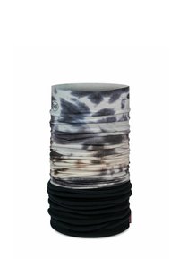 Gaiter de cuello multifuncional en tejido suave, con un patrón de estampado animal en gris y negro, que transiciona a negro sólido en la parte inferior.