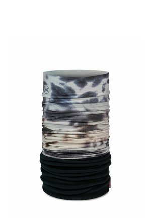 Gaiter de cuello multifuncional en tejido suave, con un patrón de estampado animal en gris y negro, que transiciona a negro sólido en la parte inferior.