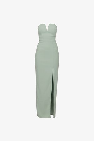 Robe longue sans manches vert clair avec un décolleté plongeant en V, taille cintrée et fente haute sur la cuisse à l'avant.