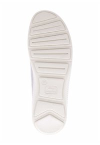 White rubber shoe sole with horizontal grooves and slight texture, featuring a logo and size indication on the side for stability and grip.