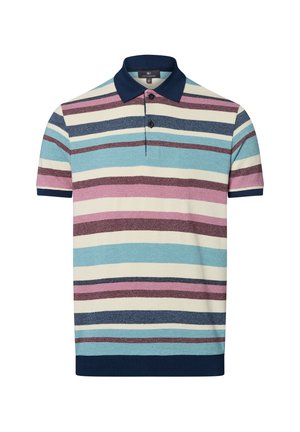 Kurzarm-Polohemd mit horizontalen Streifen in Blau, Pink und Creme, einem navyfarbenen Kragen und zwei Knöpfen am Hals. Weicher Stoff.