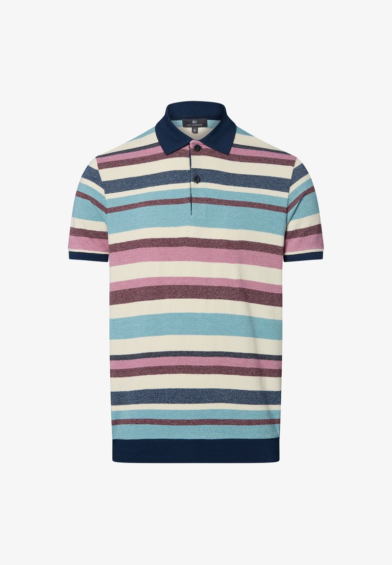 Polo à manches courtes avec des rayures horizontales bleu, rose et crème, un col navy et deux boutons au col. Texture douce.