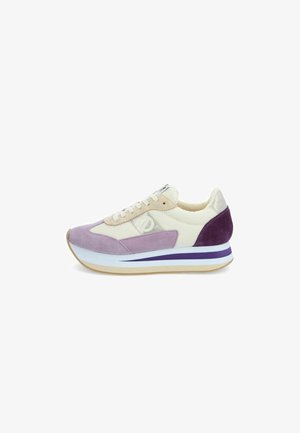 Purple and cream sneaker with suede and canvas materials, featuring a textured upper, padded collar, and a white midsole with purple accents.