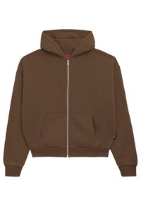 Braune Zip-Hoodie aus weichem Stoff, mit einer Kängurutasche, gerippten Bündchen und einer Kapuze. Glatte Textur mit minimaler Detailgestaltung.