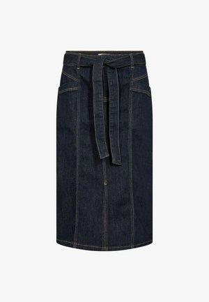 Denim skirt, dark blue, knee-length, features a tied waist, side pockets, and contrast stitching. Smooth texture and structured design.
