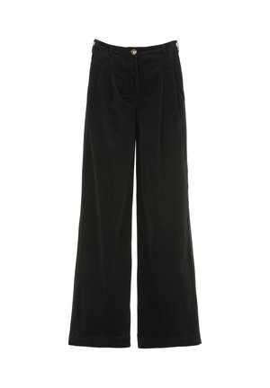 Zwarte corduroy wijde broek met plooien, voorzien van een gouden knoopsluiting en een gestructureerd oppervlak. Geen zichtbare zakken.