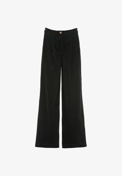 Pantalones de pana anchos negros con pliegues, que cuentan con un cierre de botón dorado y una superficie texturizada. No hay bolsillos visibles.