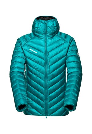 Giacca isolante teal con cappuccio, zip frontale, trapuntatura a chevron, logo Mammut sul petto e sulla manica, progettata per il freddo.