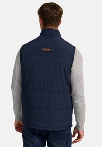 Chaleco acolchado azul marino con collar alto, que presenta costuras horizontales y un parche de cuero en la parte posterior. Lleva puesto un camiseta de manga larga gris.