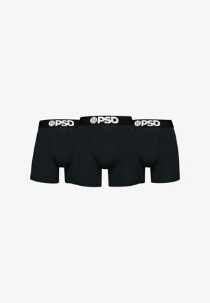 Three pairs of black boxer briefs made from soft fabric, featuring a wide black waistband with white "PSD" branding.