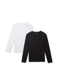 T-shirt a maniche lunghe in bianco e nero, realizzata in tessuto morbido, con scollature rotonde e orli dritti, con etichetta che indica la taglia XL.