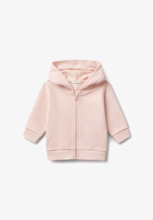 Sweat à capuche bébé rose doux avec fermeture éclair à l'avant, manches longues, capuche et petit lapin brodé sur le côté gauche de la poitrine.