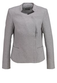 Blazer cintré pour femme gris clair, manches longues, col montant et fermeture frontale invisible.